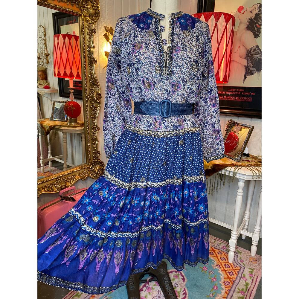 vintage 1970s indian cotton dress block print boho kaiser blue floral hippie med